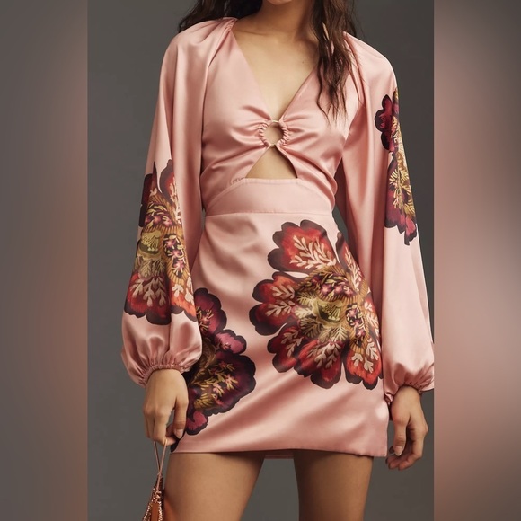 NWT Significant Other Long-Sleeve V-Neck Cutout Printed Mini Dress - Picture 1 of 4